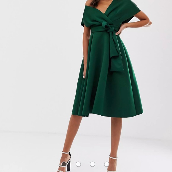 asos fallen shoulder prom dress ASOS Design fallen shoulder midi prom dress with tie detail in bottle green